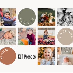 May include: A collage of nine images with a neutral color palette. The images include babies, a bouquet of flowers, and the text "EARTHY", "NATURAL", "WARM", and "KLT Presets". The images are arranged in a grid pattern.