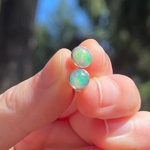 Opal Stud Earrings, Sterling Silver 6mm Smooth Cabochon Ethiopian Opal Bezel Stud Earrings, October Birthday, Gemstone Studs, Handmade Gift