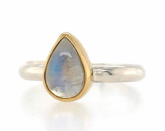 Moonstone Ring in 18k Gold and 925 Sterling Silver, Mixed Metal Stacking Ring, Blue Flash Rainbow Moonstone, Handmade Jewelry, Gift for Her
