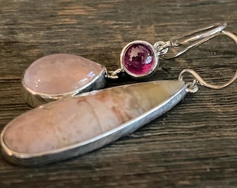 Ruby and Opalized Wood Dangle Earrings, Rose Quartz, Asymmetrical Sterling Silver Mismatched Earrings, Handmade Earrings, Gift for Her
