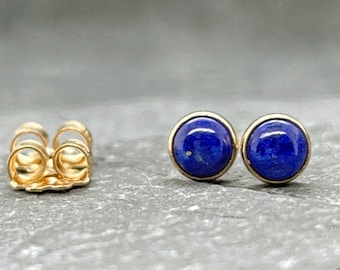 Lapis Stud Earrings, 14k Gold, 4mm Round Lapis Lazuli Stud Earrings, Solid Gold Studs, Blue Gemstone Studs, Tiny Studs, Gift for Him or Her