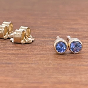 Tanzanite Earrings, Tiny Gemstone Studs, 14k Gold, Solid Gold Studs, Small Natural Tanzanite Bezel Studs, Gift for Her, Tanzanite Studs Gold