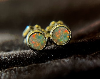 Australian Opal Stud Earrings, Solid 14K Gold, 4mm, Natural White Opal, October Birthstone, Small Round Opal Studs, Solid Gold Studs