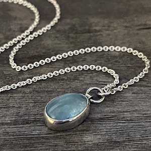 Aquamarine Necklace in Sterling Silver, Smooth Oval Aquamarine Cabochon Pendant, Blue Gemstone Necklace, March Birthday, Handmade Gift