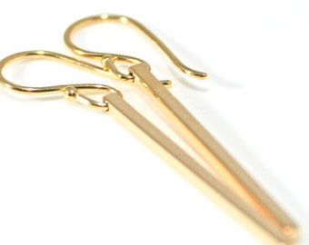 Long Gold Bar Dangle Earrings, Solid Gold, 18k Gold Earrings, Minimalist Earrings, Skinny Square Bar Earrings, Anniversary Gift, Handmade