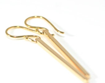 Long Gold Bar Dangle Earrings, Solid Gold, 18k Gold Earrings, Minimalist Earrings, Skinny Square Bar Earrings, Elegant Handmade Gift for Her
