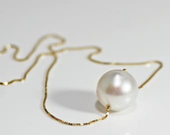 Pearl Necklace, Floating White Pearl Necklace, 15.5", Delicate Gold Necklace, 14k Solid Gold Necklace, Anniversary Gift, Mother's Day Gift