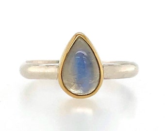 Moonstone Ring in 18k Gold and 925 Sterling Silver, Mixed Metal Stacking Ring, Blue Flash Rainbow Moonstone, Handmade Jewelry, Gift for Her