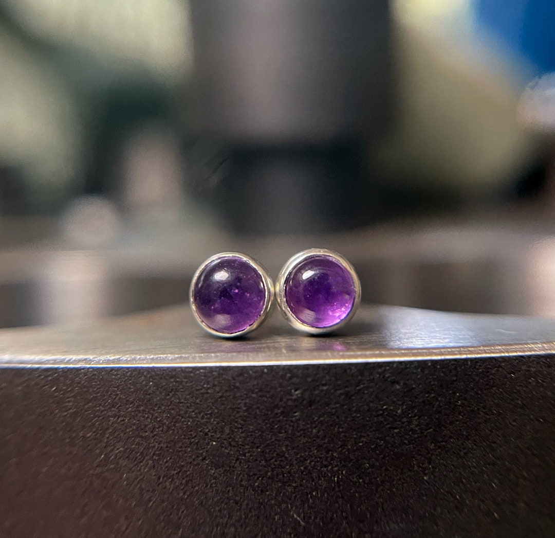 Amethyst Stud Earrings in Sterling Silver, Small Round Gemstone Stud Earrings, Silver Stud