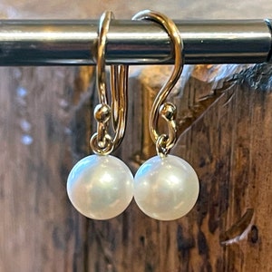 Pearl Earrings, White Round Natural Pearl Drop Earrings in 14k Solid Gold, Pearl Dangle Earrings, Handmade Earrings, Gift for Her
