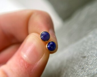 Può includere: Un paio di orecchini a perno d'oro con piccole pietre rotonde blu.