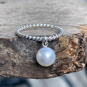 Pearl Charm Ring with Twist Band, Pearl Dangle Ring, Sterling Silver, Pearl Solitaire, Twist Stacking Ring, Freshwater Pearl, Gift for Her