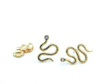 Snake Earrings, 18K Gold, Diamond Earrings, Gold Snake Earrings, Tiny Gold Studs, Mismatched Earrings, Solid Gold Earrings, Handmade Gift