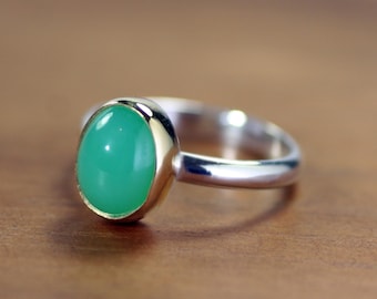Chrysoprase Ring in 18k Gold and Sterling Silver, Apple Green Chrysoprase, Handmade Stacking Ring, Green Gemstone Ring, Gift for Her