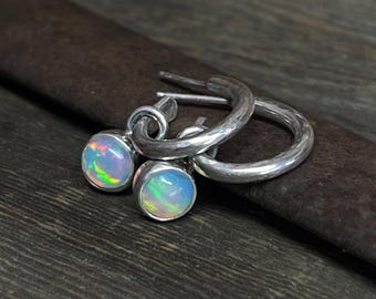 Opal Earrings, Hammered Hoop Earrings with Opal Charms, Sterling Silver, Ethiopian Opal, October Birthday Gift, Handmade Earrings