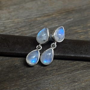 Moonstone Earrings, Sterling Silver Teardrop Rainbow Moonstone Stud Dangle Earrings, June Birthstone, Handmade Gift for Her