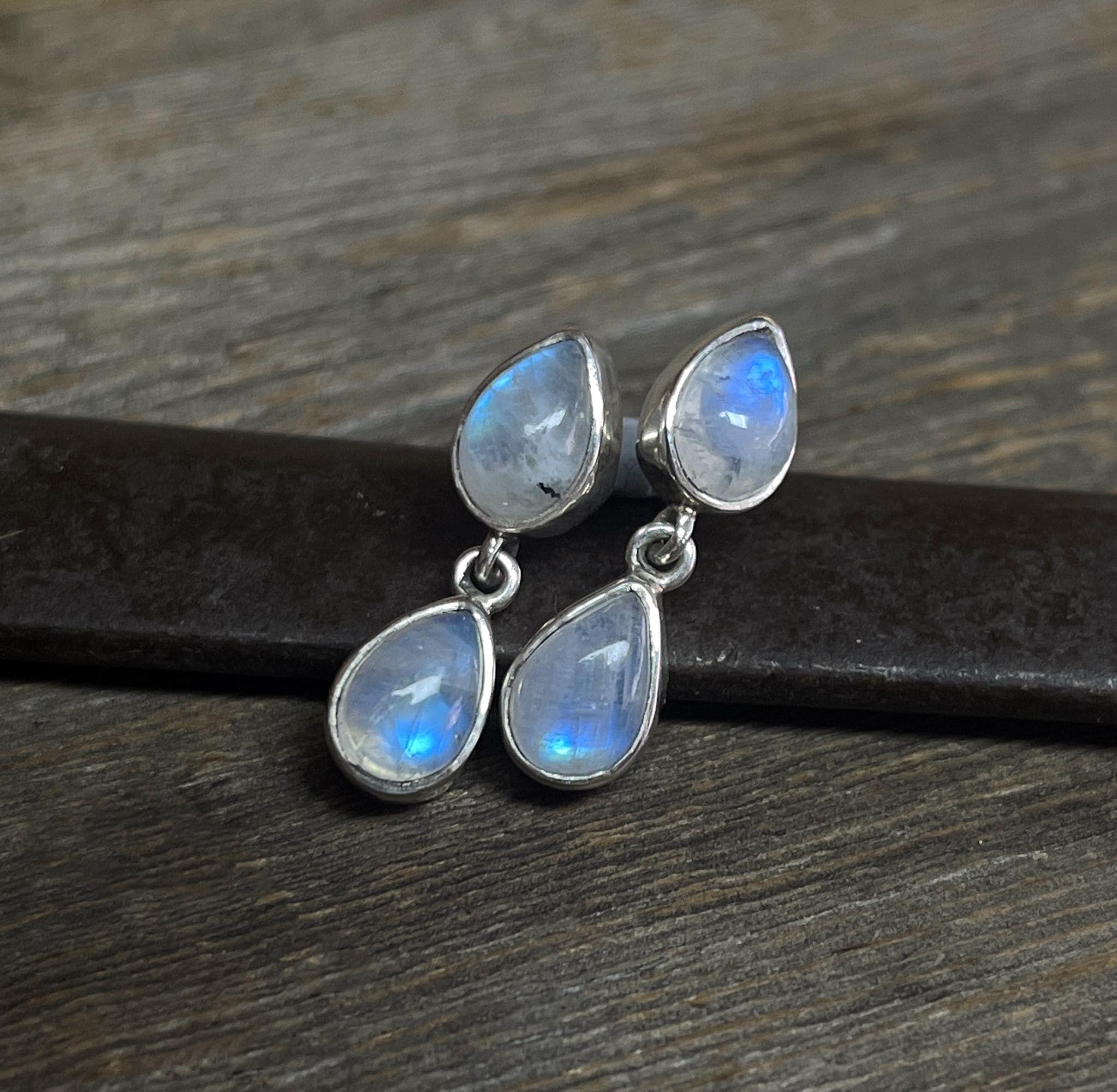 Moonstone Earrings, Sterling Silver Teardrop Rainbow Moonstone Stud Dangle Earrings, June Birthstone, Handmade Gift for Her