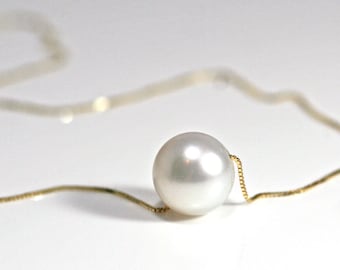 Pearl Necklace, Floating White Pearl Necklace, Delicate Gold Necklace, 14k Solid Gold Necklace, Single Pearl Necklace, Anniversary Gift