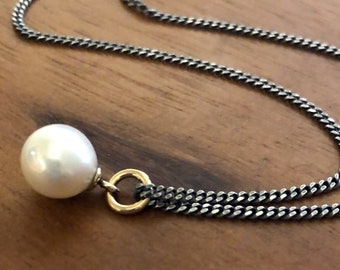 Single Pearl Necklace on Oxidized Chain with 14k Gold Accents, Sterling Silver, Mixed Metal Pearl Necklace, White Round Pearl Pendant