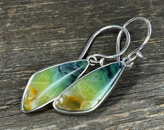 Indonesian Petrified Opalized Wood Earrings in Sterling Silver, Blue and Green Opal Dangle Earrings, Mother's Day Gifts