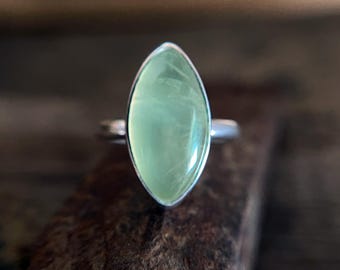 Prehnite Ring in Sterling Silver, Marquise Shaped Prehnite Gemstone Ring, Natural Prehnite Stacking Ring, Handmade Gift for Her