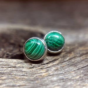 Malachite Stud Earrings in Sterling Silver, Malachite Earrings, Sterling Silver Studs, Green Gemstone Studs, Round Bezel Studs, Jewelry Gift