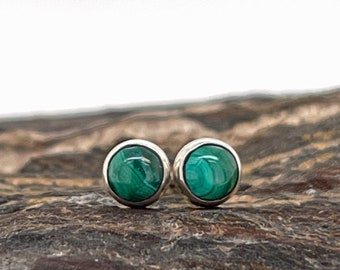 Malachite Stud Earrings in Sterling Silver, Malachite Earrings, Sterling Silver Studs, Green Gemstone Studs, Round Bezel Studs, Jewelry Gift