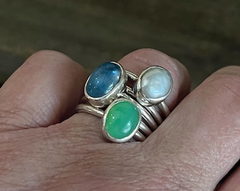 Gemstone Stacking Ring Set, Aquamarine Chrysoprase Keishi Pearl Stacking Rings in Sterling Silver, Handmade Colorful Cabochon Bezel Rings