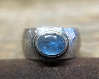 Aquamarine Ring with Wide Textured Band in 925 Sterling Silver, Cigar Band Ring, Handmade Gemstone Ring, Gift for Her, Wide Silver Ring