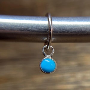 Single Turquoise Charm Earring on Seamless Hoop, Handmade Sterling Silver Sleeper Huggie Hoop with Bezel Set Cabochon Blue Gemstone