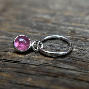 Single Pink Tourmaline Charm Earring on Seamless Hoop, Handmade Sterling Silver Sleeper Huggie Hoop with Bezel Set Cabochon Pink Gemstone