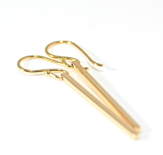 Long Gold Bar Dangle Earrings, Solid Gold, 18k Gold Earrings, Minimalist Earrings, Skinny Square Bar Earrings, Elegant Handmade Gift for Her