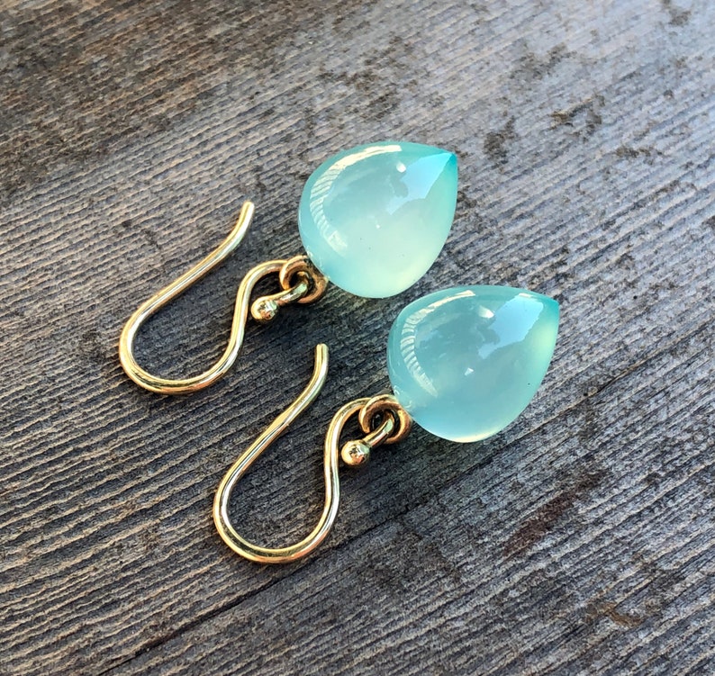 Solid Gold Earrings Chalcedony Earrings in 14k Gold Solid Gold Peruvian Chalcedony Acorn Drop Dangle Earrings