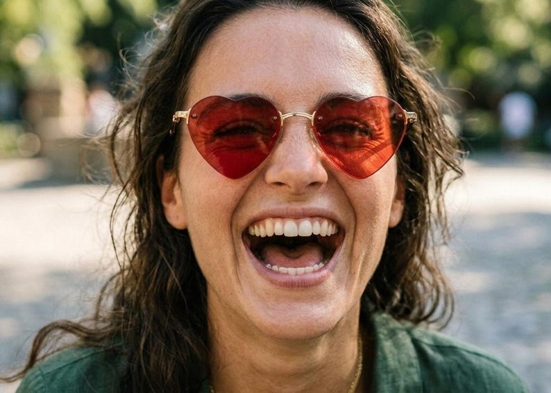 May include: Heart-shaped sunglasses with translucent red lenses and a thin gold-tone metal frame. The eyewear features a classic bridge design connecting the two heart-shaped rims, providing a distinct look with vibrant red tinted lenses.
