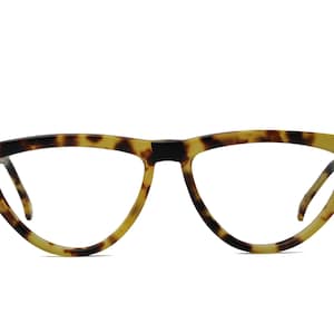 May include: Tortoiseshell cat-eye glasses with clear lenses.