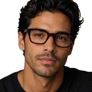 May include: Full-rim spectacles featuring a classic rectangular frame with a dark brown and black tortoiseshell pattern. The glasses have clear lenses and thick temples, providing a structured look that frames the eyes with a distinct, mottled finish.