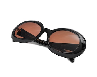 Louis Feraud Paris Ericka Vintage Sunglasses: Black Oval Beveled Frame, 90s NOS