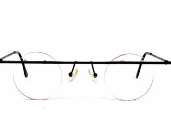 Club LA 5217R Vintage European Rimless Small Round 38 mm Eccentric Statement Black Thin Metal Minimalist Eyeglasses Austria 90s