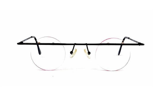 Vintage Rimless Round Eyeglasses: 90s Black Metal Eccentric Frames