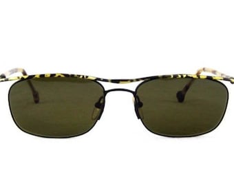 Vintage 90s Rectangular Sunglasses: Animal Print Tortoise, Gold Double Bridge