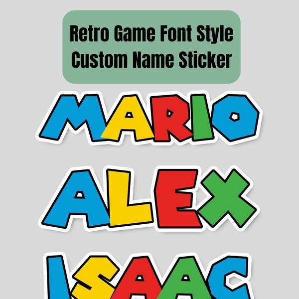 Retro Game Font Style Custom Name Sticker, Personalized Decal, Vinyl Sticker, Custom Label Sticker, Water Resistant, Mario Bros Font