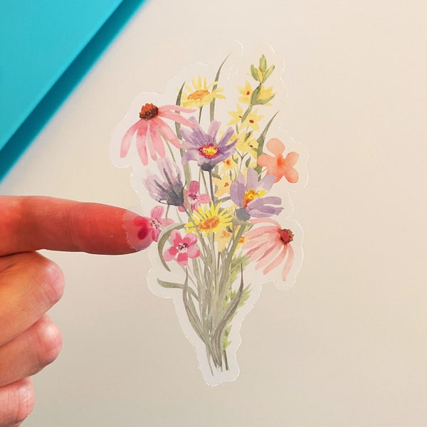 Transparent Clear Wildflower Bunch Sticker, Wildflowers Stickers, Colorful Wildflowers, Laptop Decal, Vinyl Printed Stickers
