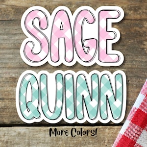May include: Two personalized names, "SAGE" and "QUINN", are written in a bold, black font. The letters are filled with a pink and green gingham pattern. The text "More Colors!" is written in black below the names.