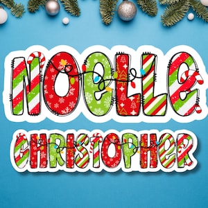 May include: A Christmas-themed sticker with the names "NOELLE" and "CHRISTOPHER" in festive lettering. The letters are decorated with candy cane stripes, snowflakes, and Christmas tree patterns, and are strung with decorative lights.