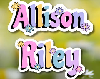 Retro Daisy Custom Name Stickers, Personalized Floral Decals - Water Bottle, School Supplies