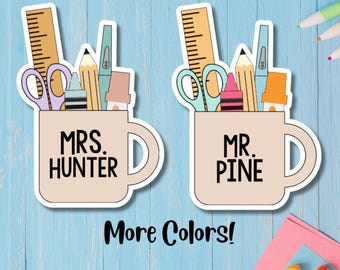 Personalized Teacher Name Sticker, Mug of School Supplies Decal - Desk, School