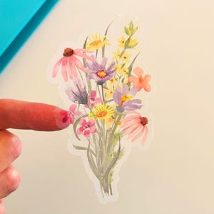 Transparent Wildflower Bunch Sticker, Colorful Floral Decal - Water Bottle, Laptop