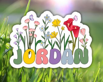 Retro Floral Personalized Name Stickers, Custom Colorful Flowers Decals - Water Bottle, School Decal