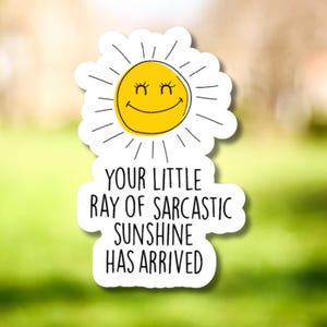 May include: A white sticker with a yellow sun with a smiling face and the text "Your little ray of sarcastic sunshine has arrived".