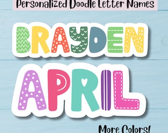 Doodle Letters Personalized Name Stickers, Custom Decal - Water Bottle, Laptop, School Supplies